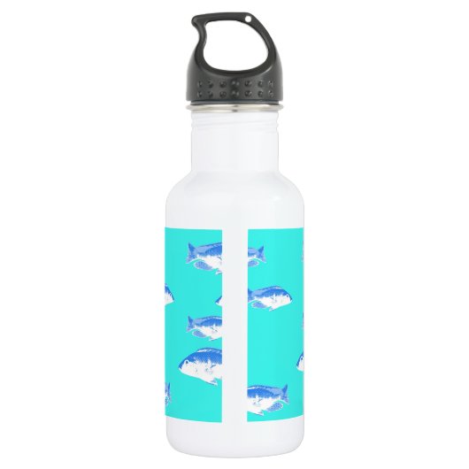 Blauwe vis op turquoise waterfles  (Achterkant)