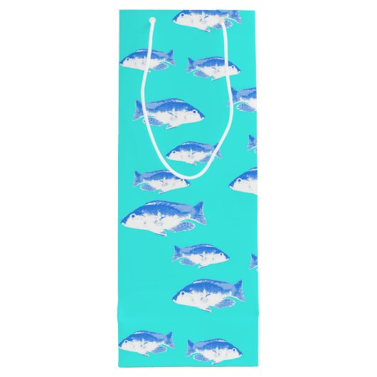 Blauwe vis op turquoise wijn cadeautas (Achterkant)