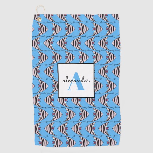 Blauwe vis patroon monogram voornaam golfhanddoek (Voorkant)
