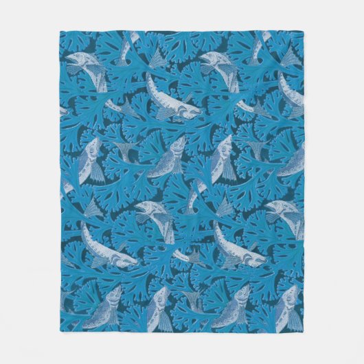 Blauwe Vis & Zeewier: Art Nouveau Nautisch Fleece Deken (Voorkant)