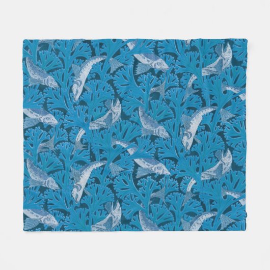 Blauwe Vis & Zeewier: Art Nouveau Nautisch Fleece Deken (Voorkant (Horizontaal))