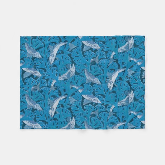Blauwe Vis & Zeewier: Art Nouveau Nautisch Fleece Deken (Voorkant (Horizontaal))