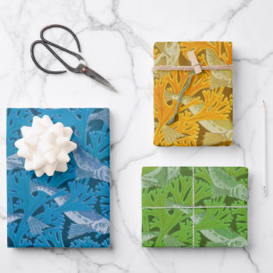  Blauwe Vis & Zeewier: Art Nouveau Nautisch Inpakpapier Vel