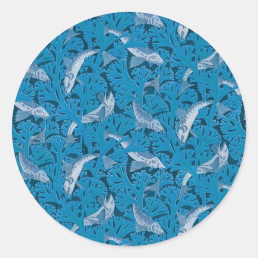  Blauwe Vis & Zeewier: Art Nouveau Nautisch Ronde Sticker (Voorkant)