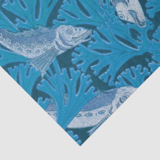 Blauwe Vis & Zeewier: Art Nouveau Nautisch Tissuepapier (Detail)