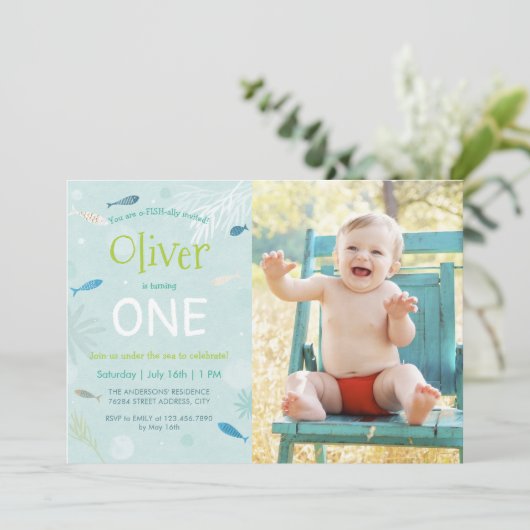 Blauwe visjes Birthday Party fotokaart Kaart (Staand voorkant)