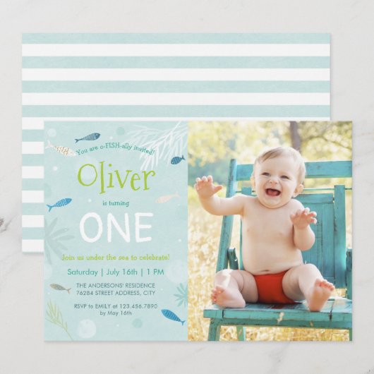 Blauwe visjes Birthday Party fotokaart Kaart (Voorkant / Achterkant)