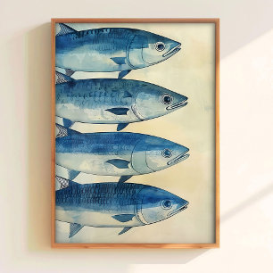 Blauwe Visprint Sardines Kunstprint Keuken Muur Ku Poster