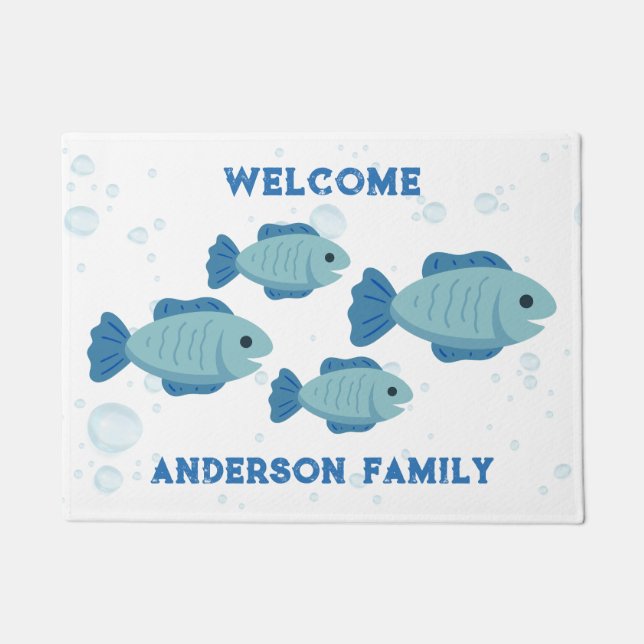 Blauwe Vissen Tekening, Cartoon Stijl Deurmat (Voorkant)