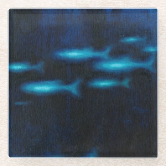 Blauwe vissilhouettes glazen onderzetter (Voorkant)