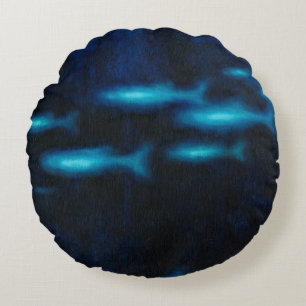Blauwe vissilhouettes rond kussen