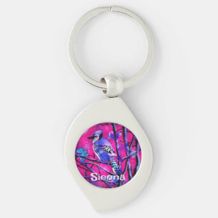 Blauwe Vlaamse Gaai Boomtak Roze Gepersonaliseerd Sleutelhanger