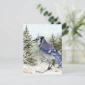 Blauwe Vlaamse Gaai Sneeuw Bos Kerstvakantie Vogel Feestdagenkaart (Staand voorkant)