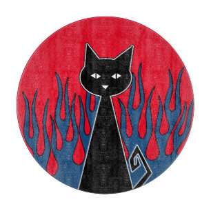 Blauwe vlammen zwarte kat snijplank