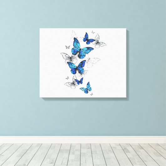 Blauwe Vliegende Vlinders Morpho Canvas Afdruk (Insitu (Houten vloer))
