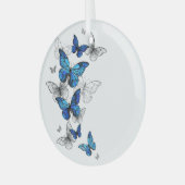 Blauwe Vliegende Vlinders Morpho Glas Ornament (Voorkant links)