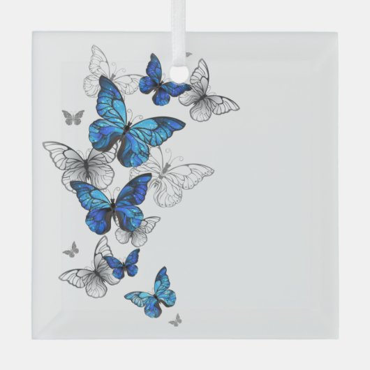 Blauwe Vliegende Vlinders Morpho Glas Ornament (Voorkant)