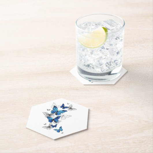 Blauwe Vliegende Vlinders Morpho Kartonnen Onderzetters (Insitu)