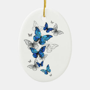 Blauwe Vliegende Vlinders Morpho Keramisch Ornament