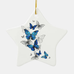 Blauwe Vliegende Vlinders Morpho Keramisch Ornament