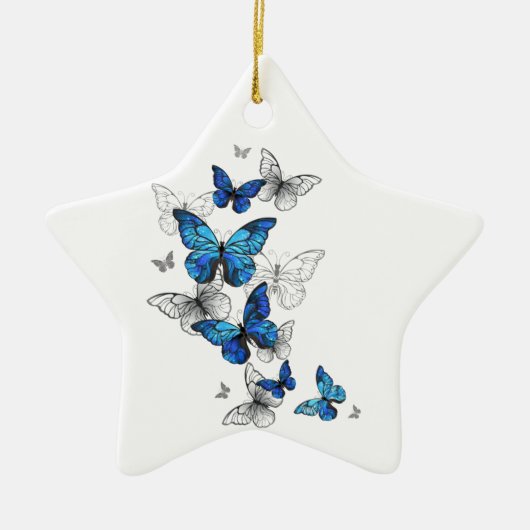 Blauwe Vliegende Vlinders Morpho Keramisch Ornament (Voorkant)