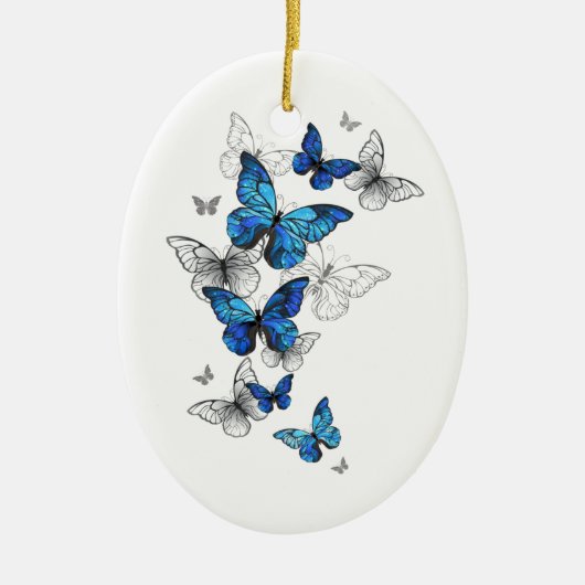 Blauwe Vliegende Vlinders Morpho Keramisch Ornament (Voorkant)