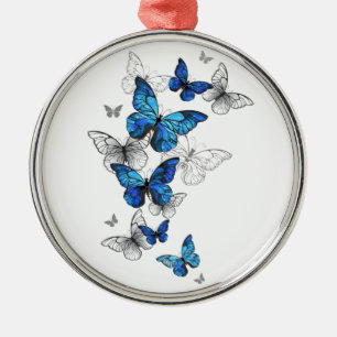 Blauwe Vliegende Vlinders Morpho Metalen Ornament