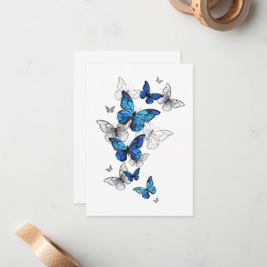 Blauwe Vliegende Vlinders Morpho Notitiekaartje (Voorkant / Achterkant in situ)