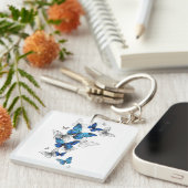 Blauwe Vliegende Vlinders Morpho Sleutelhanger (Voorkant Rechts)