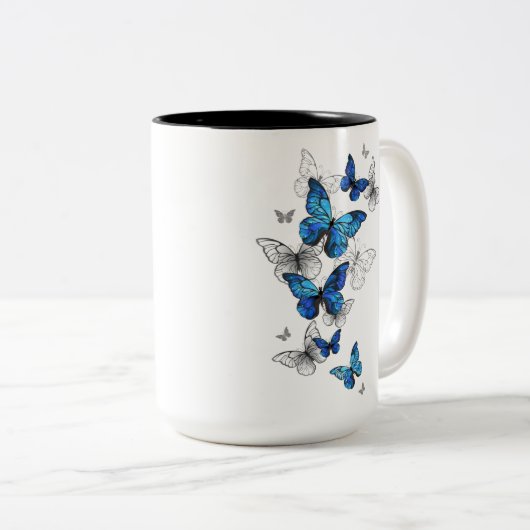 Blauwe Vliegende Vlinders Morpho Tweekleurige Koffiemok (Voorkant rechts)