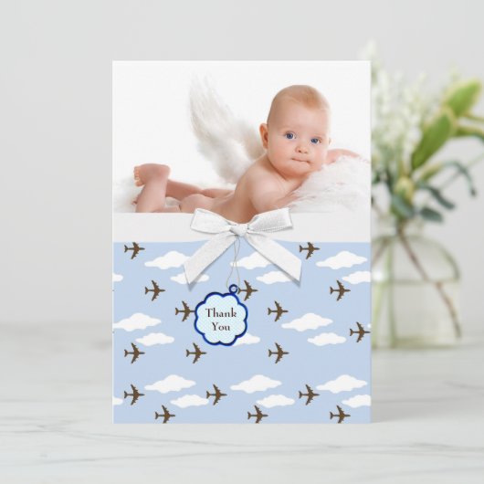 Blauwe Vliegtuigen Baby Boy Foto Bedankt Kaarten (Staand voorkant)