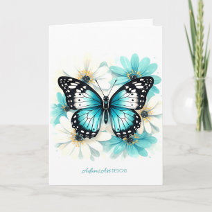 Blauwe Vlinder & Aqua Bloemige Waterverf Kaart