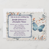 Blauwe Vlinder & Blad wervelingen Bruiloft uitnodi Kaart (Voorkant)