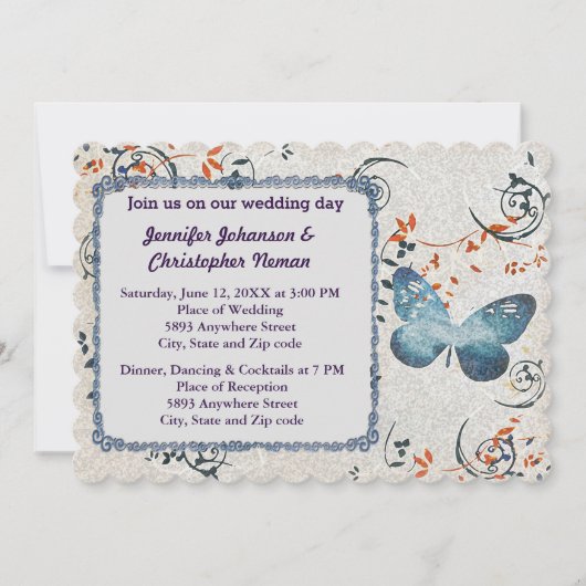Blauwe Vlinder & Blad wervelingen Bruiloft uitnodi Kaart (Voorkant)