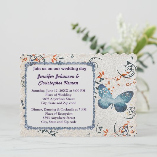 Blauwe Vlinder & Blad wervelingen Bruiloft uitnodi Kaart (Staand voorkant)