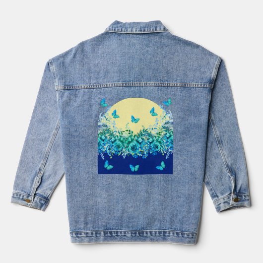 Blauwe Vlinder Bloemachtige Denim Jas Jacket (Achterkant)