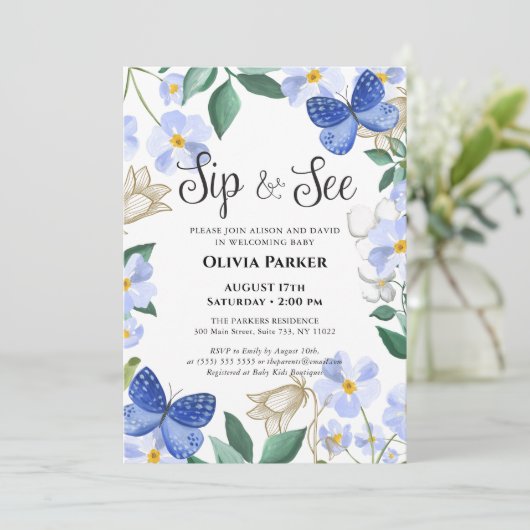 Blauwe vlinder bloemblaadje Baby Boy SIP EN SEE Kaart (Staand voorkant)