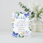 Blauwe vlinder bloemblaadje jongen Baby shower Uitnodiging Briefkaart (Staand voorkant)