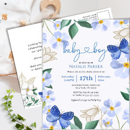 Blauwe vlinder bloemblaadje jongen Baby shower Uitnodiging Briefkaart