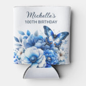 Blauwe Vlinder Bloemen Elegante 100ste Verjaardag Blikjeskoeler (Voorkant)