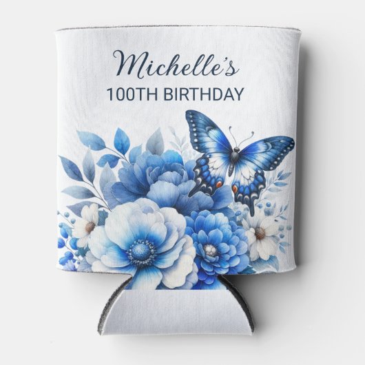 Blauwe Vlinder Bloemen Elegante 100ste Verjaardag Blikjeskoeler (Voorkant)
