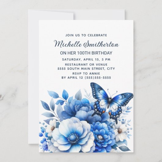 Blauwe Vlinder Bloemen Elegante 100ste Verjaardag Kaart (Voorkant)