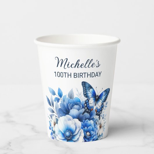 Blauwe Vlinder Bloemen Elegante 100ste Verjaardag Papieren Bekers (Achterkant)
