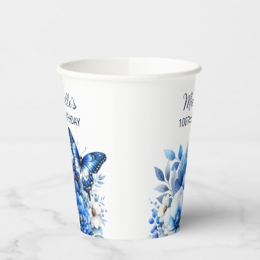 Blauwe Vlinder Bloemen Elegante 100ste Verjaardag Papieren Bekers (Links)