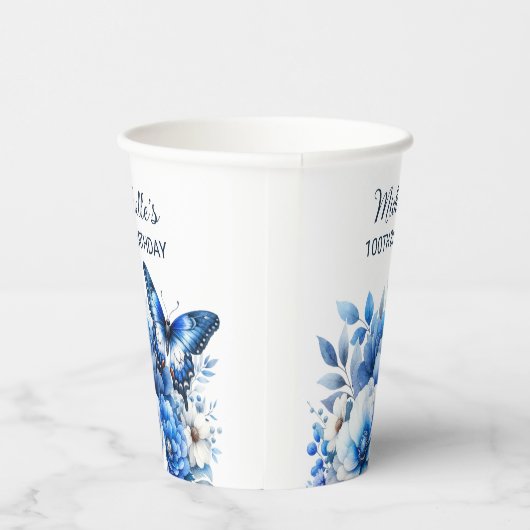 Blauwe Vlinder Bloemen Elegante 100ste Verjaardag Papieren Bekers (Rechts)