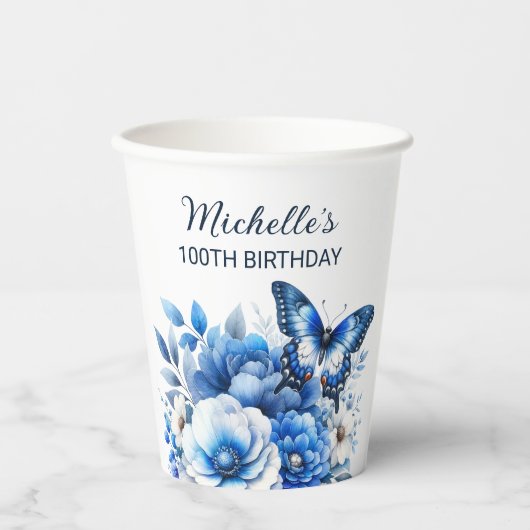 Blauwe Vlinder Bloemen Elegante 100ste Verjaardag Papieren Bekers (Voorkant)