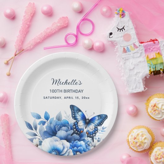 Blauwe Vlinder Bloemen Elegante 100ste Verjaardag Papieren Bordje (Feest)