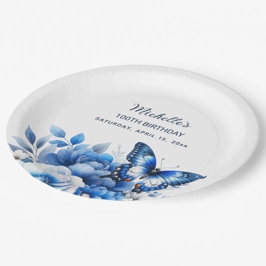 Blauwe Vlinder Bloemen Elegante 100ste Verjaardag Papieren Bordje (Gekanteld)