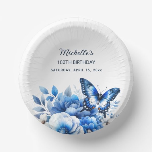 Blauwe Vlinder Bloemen Elegante 100ste Verjaardag Papieren Kommen (Voorkant)