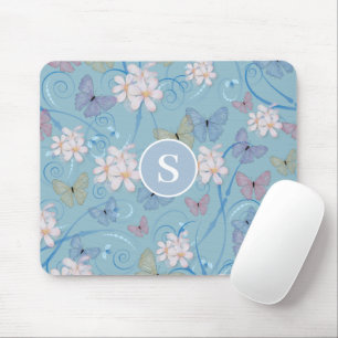 Blauwe Vlinder Bloemen Monogram Mousepad Muismat